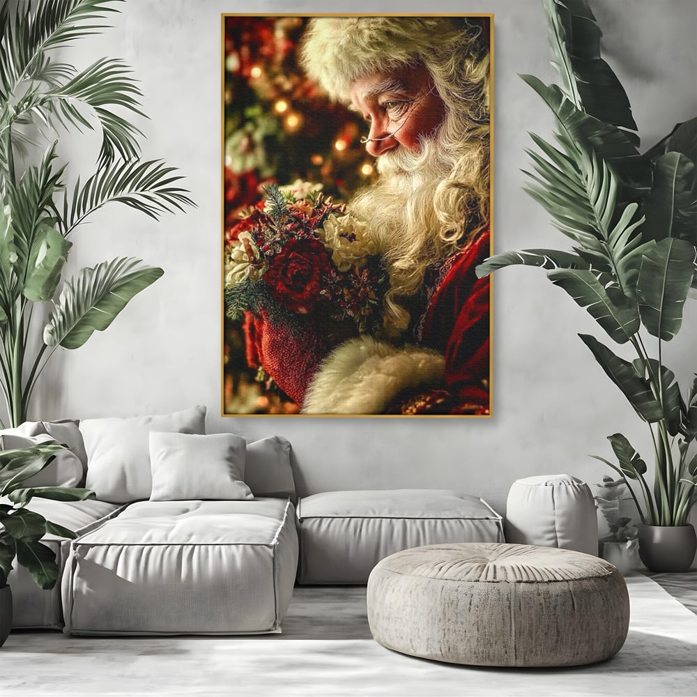 Tablou canvas cu portret ilustrativ cu mos craciun, in rama de aluminiu auriu, pe perete intr-un living